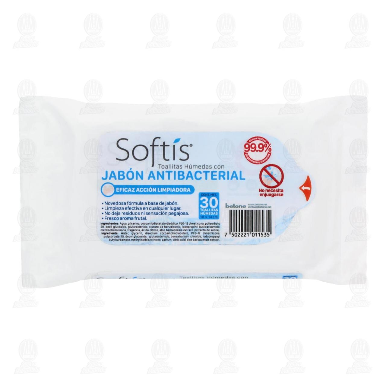 Toallitas Húmedas Softís con Jabón Antibacterial, 30 pzas.