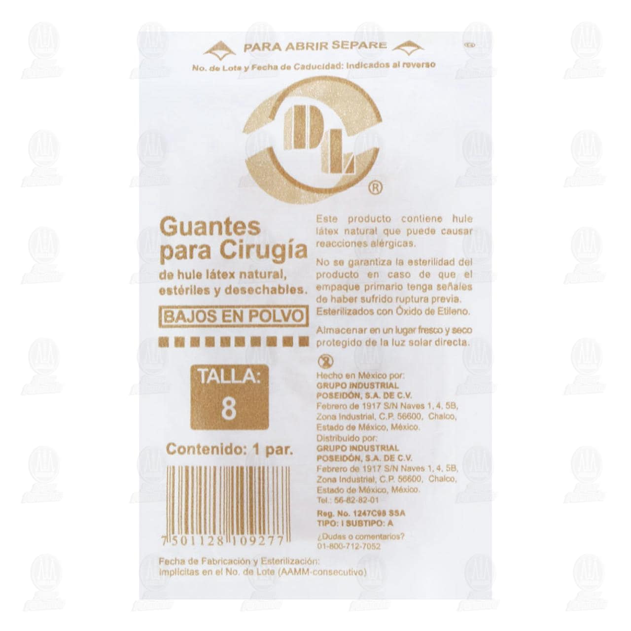 Imagen para Guantes DL para Cirugía Estériles Desechables de Látex Talla 8, 1 par.