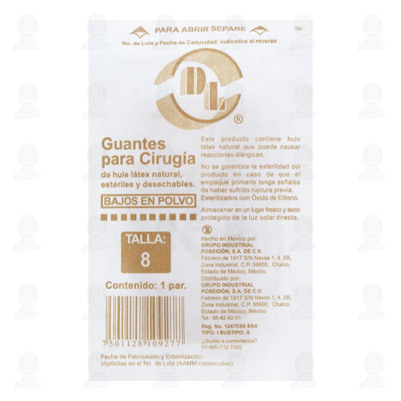 Guantes DL para Cirug&iacute;a Est&eacute;riles Desechables de L&aacute;tex Talla 8, 1 par.