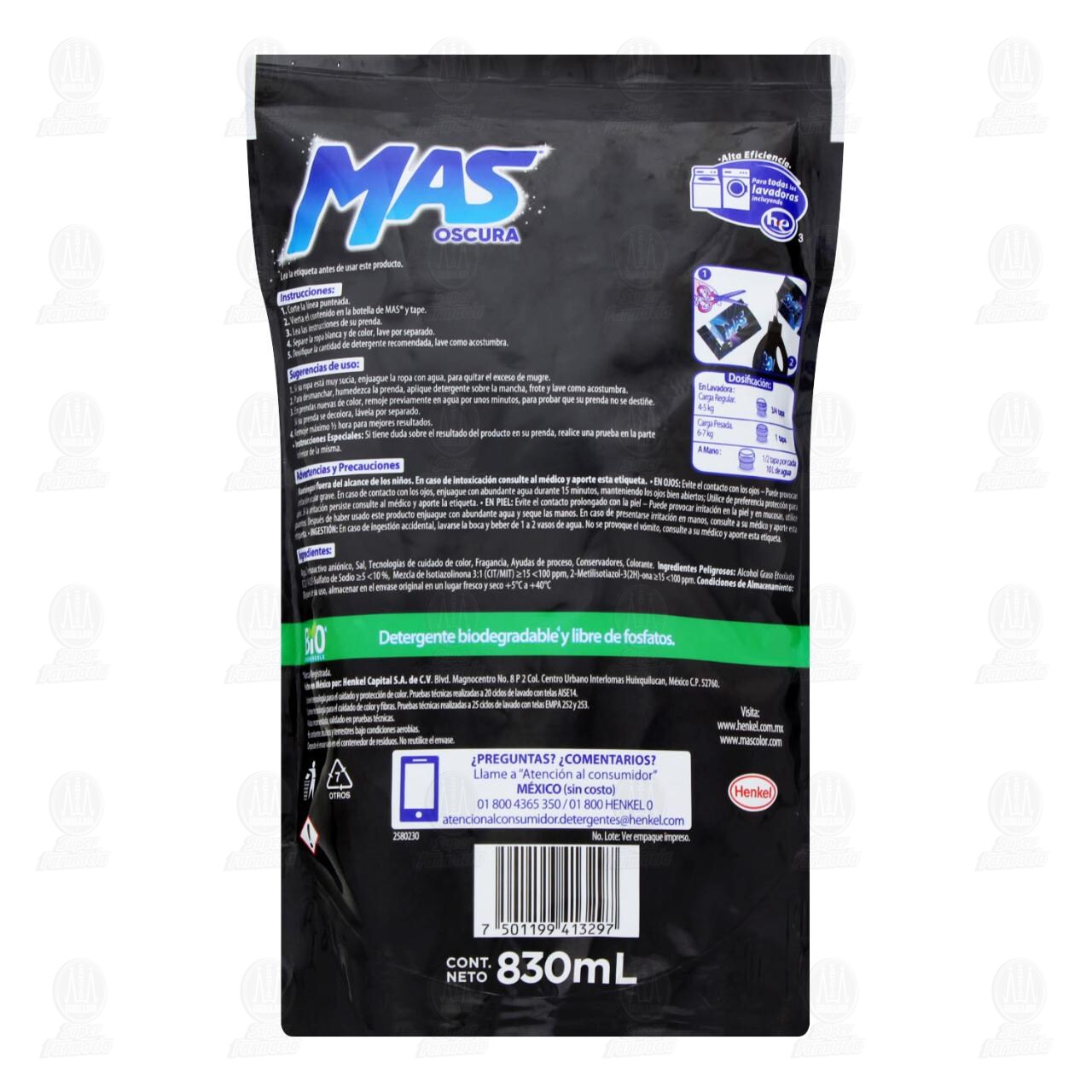 Detergente Líquido MAS Color Oscuros Intensos, 830 ml. image number 1