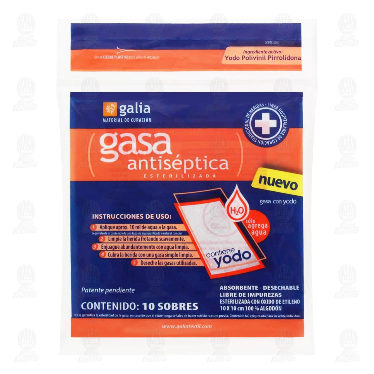 Gasa Antiséptica Galia 10cm x 10cm, 10 piezas.