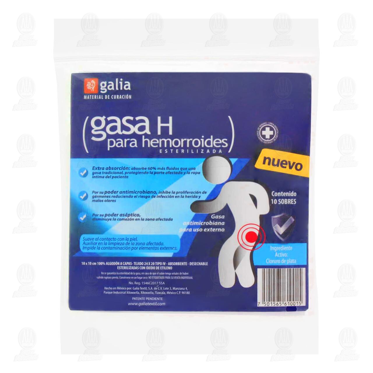 Gasa H Galia para Hemorroides 10cm x 10cm, 10 pzas. image number 0