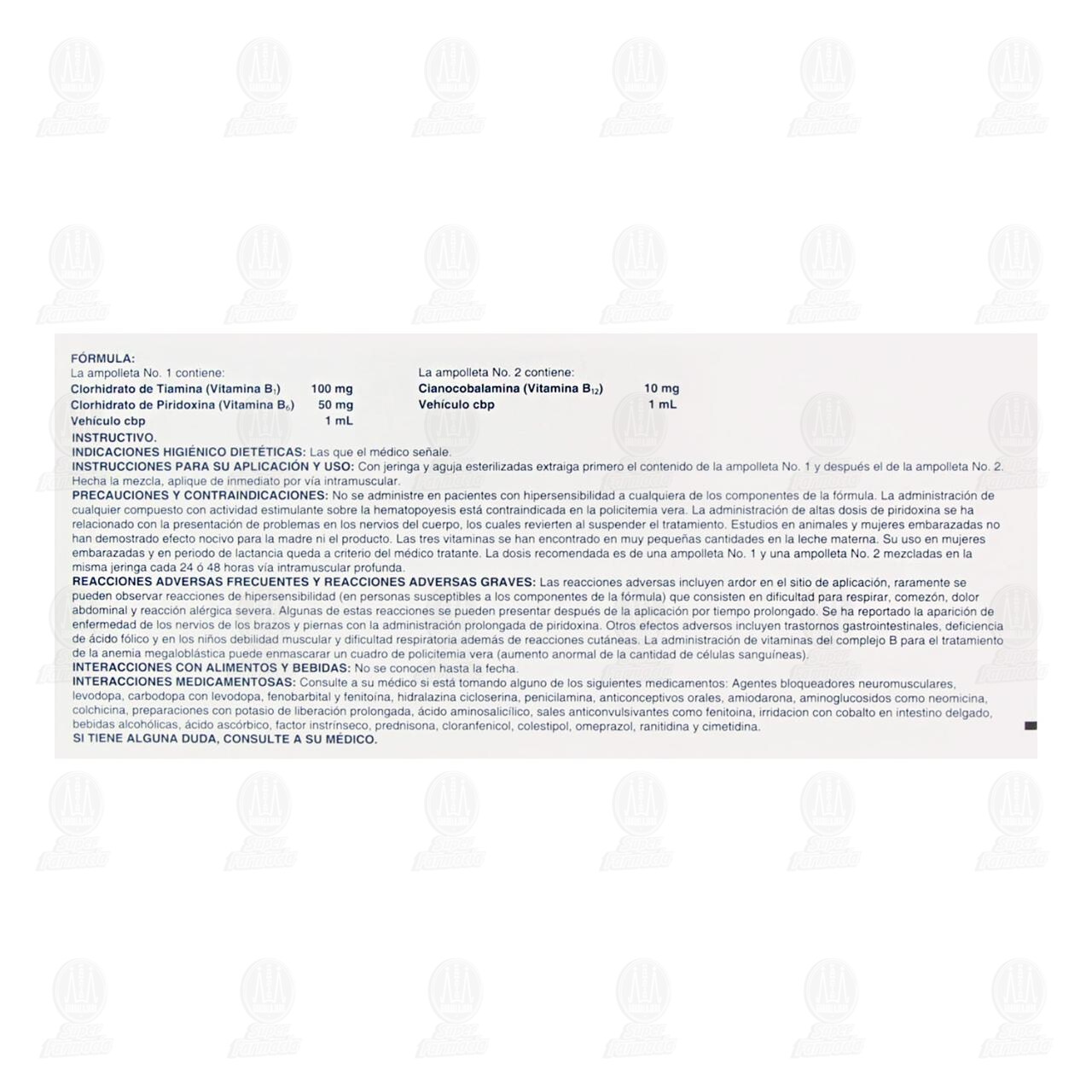 Tiamina, Piridoxina, Cianocobalamina 100mg/50mg/10mg Solución Inyectable 10 Ampolletas Pharmalife. image number 2