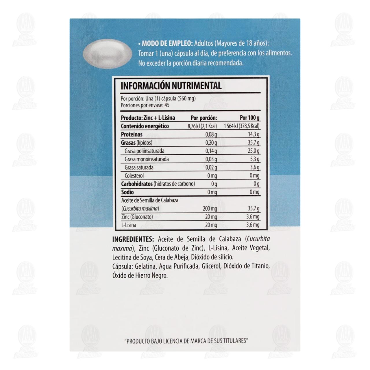 Zinc+L-Lisina 560 mg, 45 C&aacute;psulas. image number 2