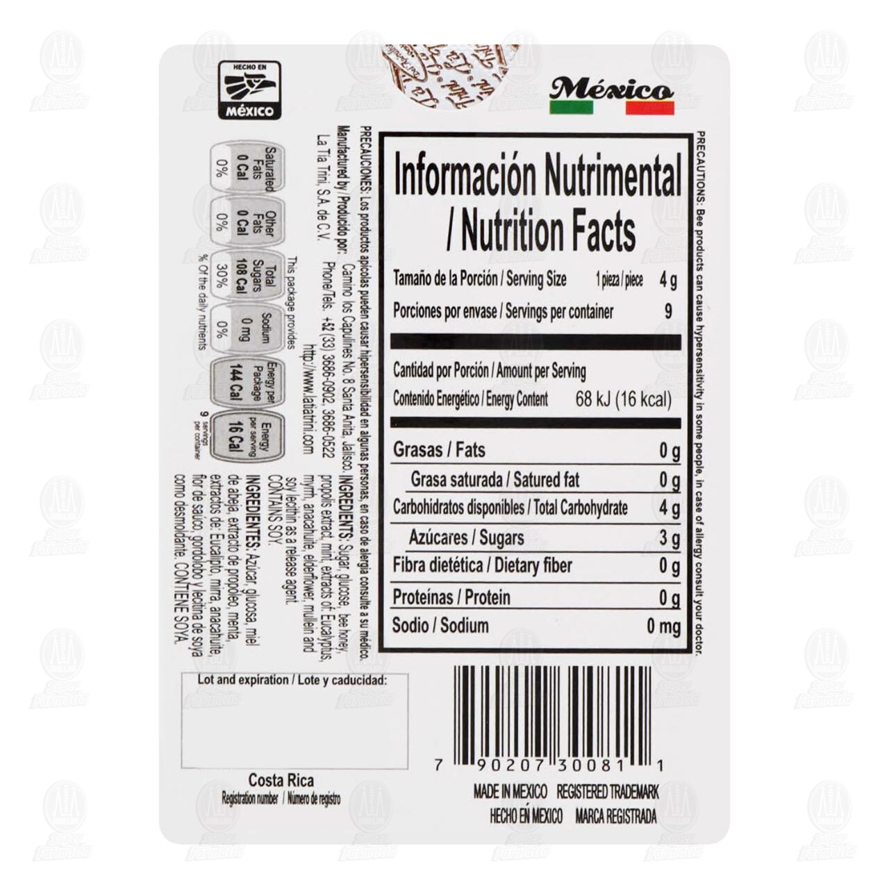 La T&iacute;a Trini Caramelos de Miel y Prop&oacute;leo con Menta Sabor Cl&aacute;sico, 9 pzas. image number 1