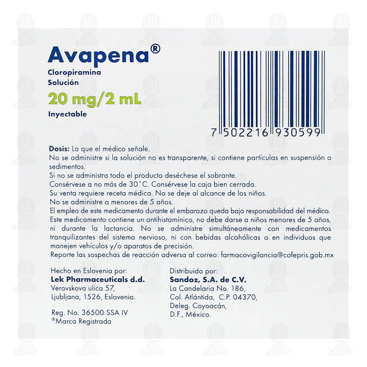 Avapena 20mg/2ml, 5 Ampolletas. image number 2