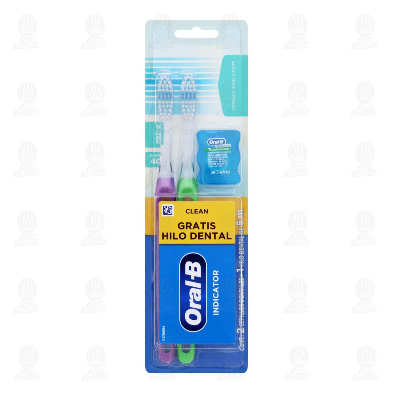 Cepillos de Dientes Oral-B Clean Indicator Medio 2 Unidades + Satin Floss Hilo Dental, 1 Unidad.