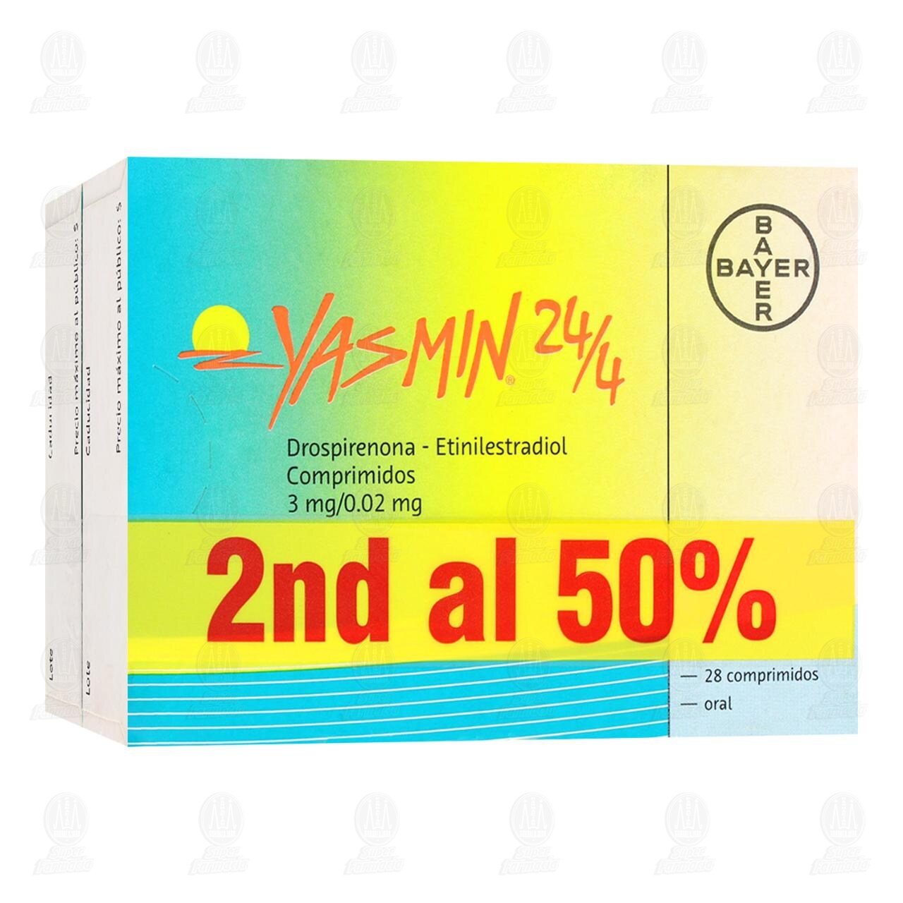 Pack Yasmín 24/4 3mg/0.02mg, 2 cajas con 28 tabletas c/u.