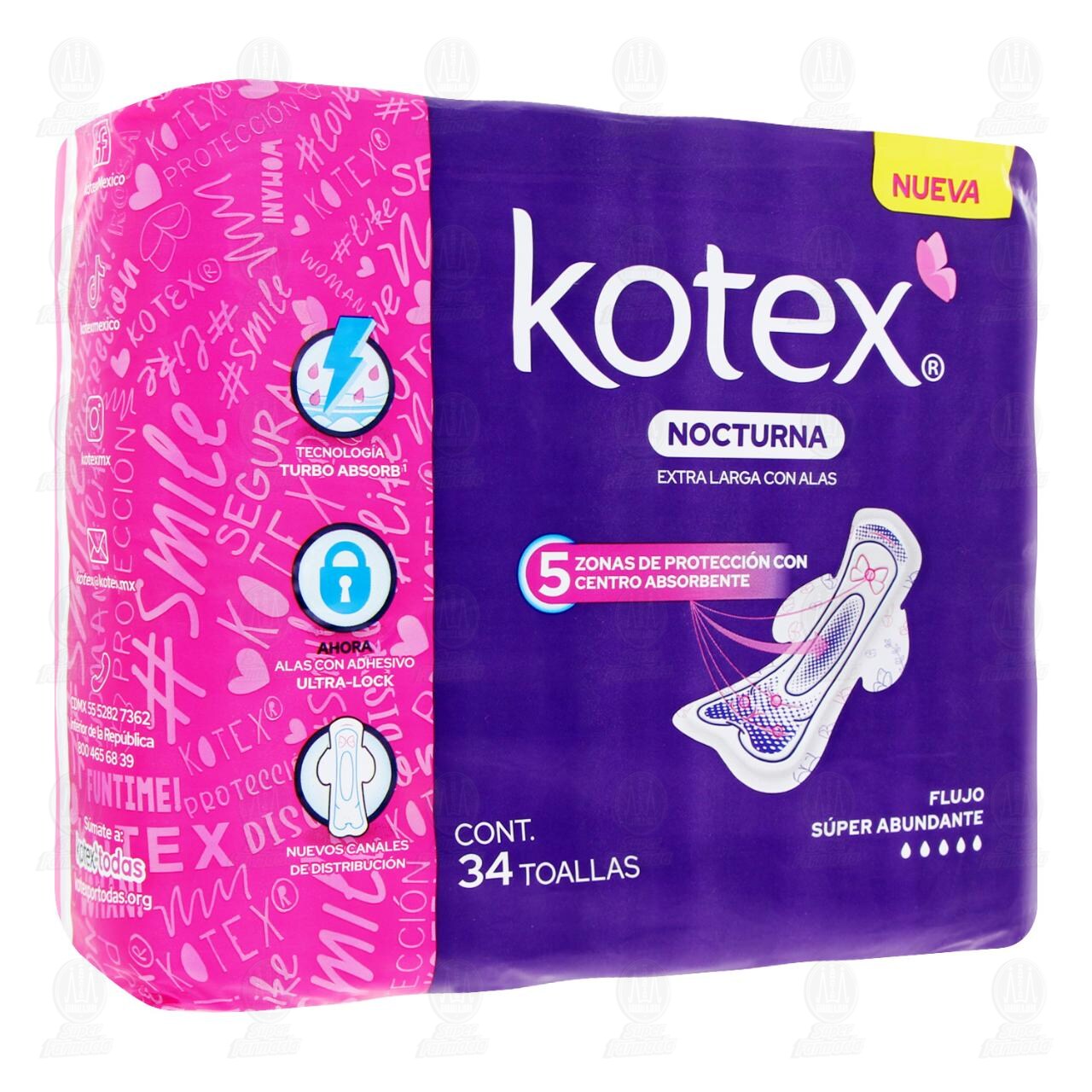 Toallas Femeninas Kotex Nocturna Extra Larga con Alas, 34 pzas.