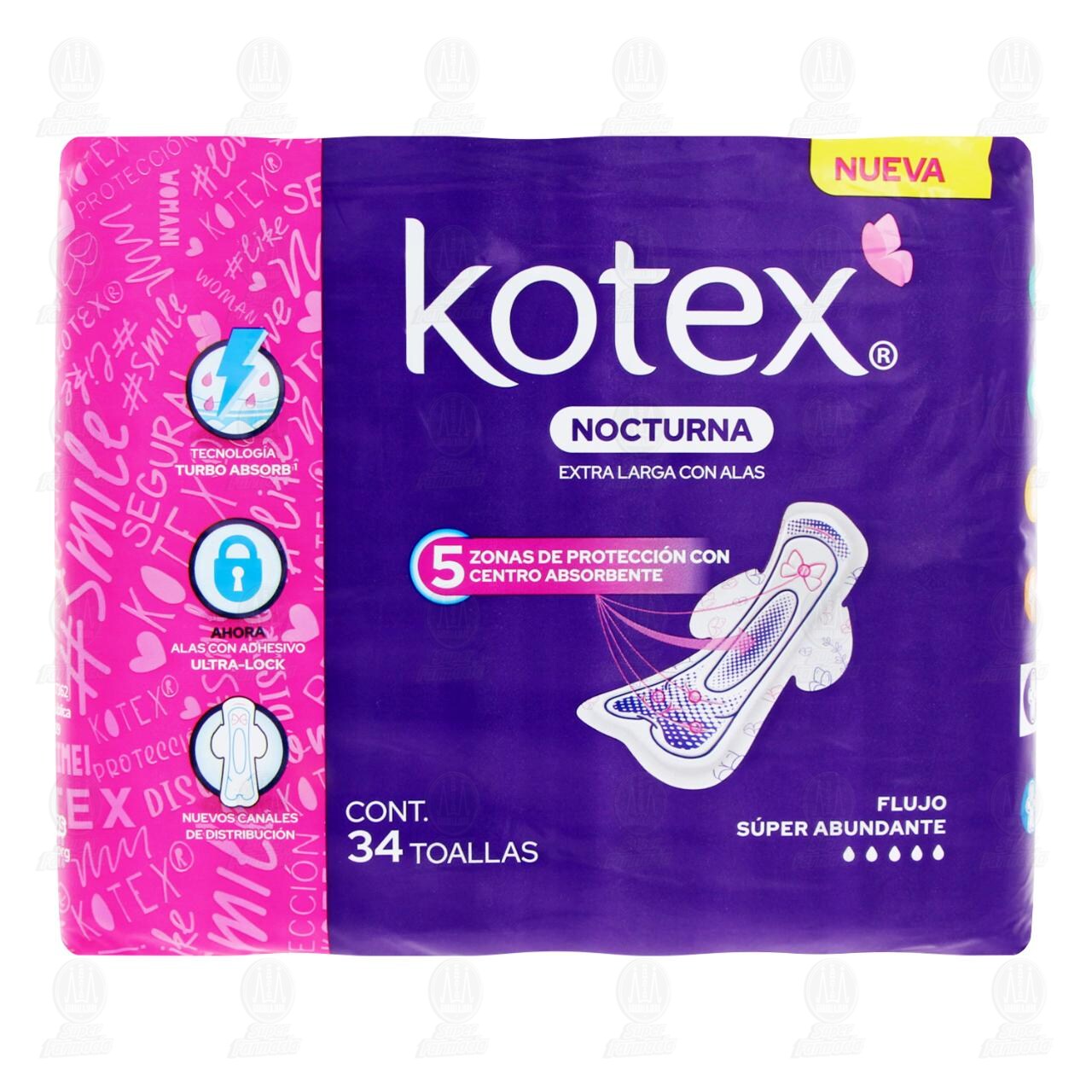 Toallas Femeninas Kotex Nocturna Extra Larga con Alas, 34 pzas. image number 1