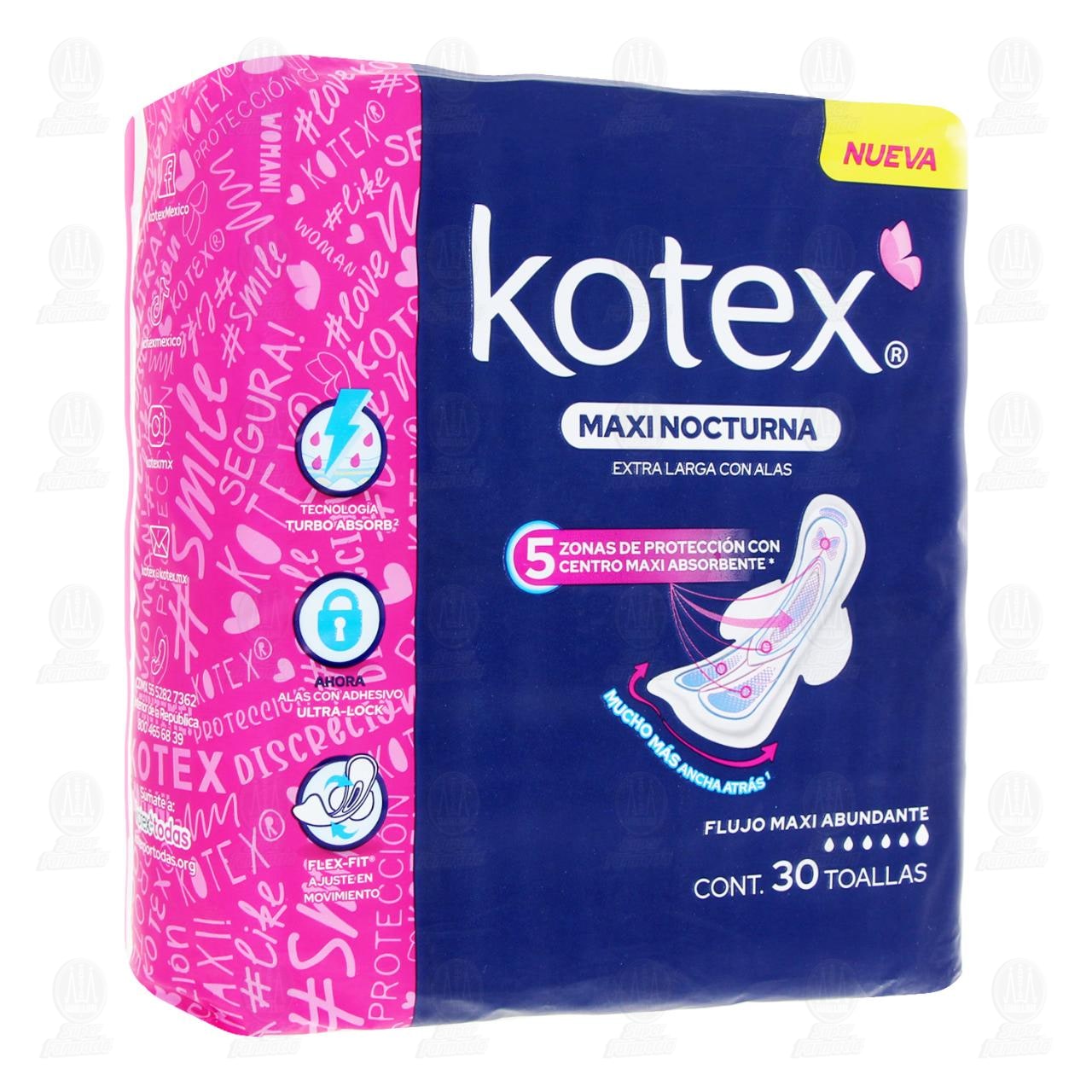 Imagen para Toallas Femeninas Kotex Maxi Nocturna Extra Larga con Alas, 30 pzas.