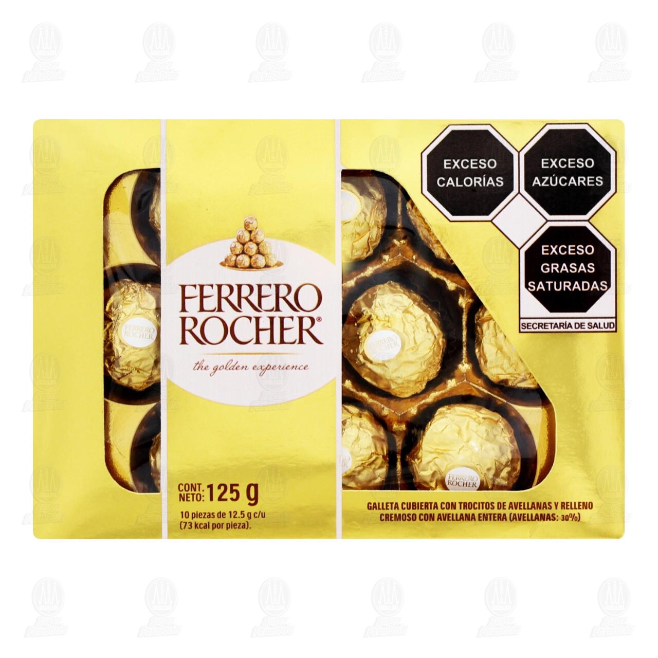 Galleta Cubierta con Trocitos de Avellanas y Relleno Cremoso Ferrero Rocher, 10 pzas 125 gr.