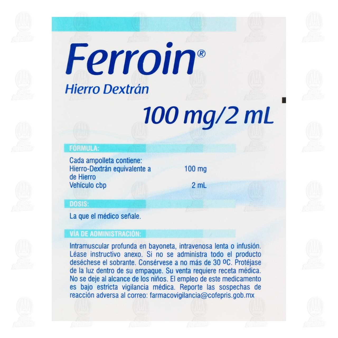 Ferroin 100mg/2ml Soluci&oacute;n Inyectable 3 Ampolletas, 2 ml c/u. image number 2