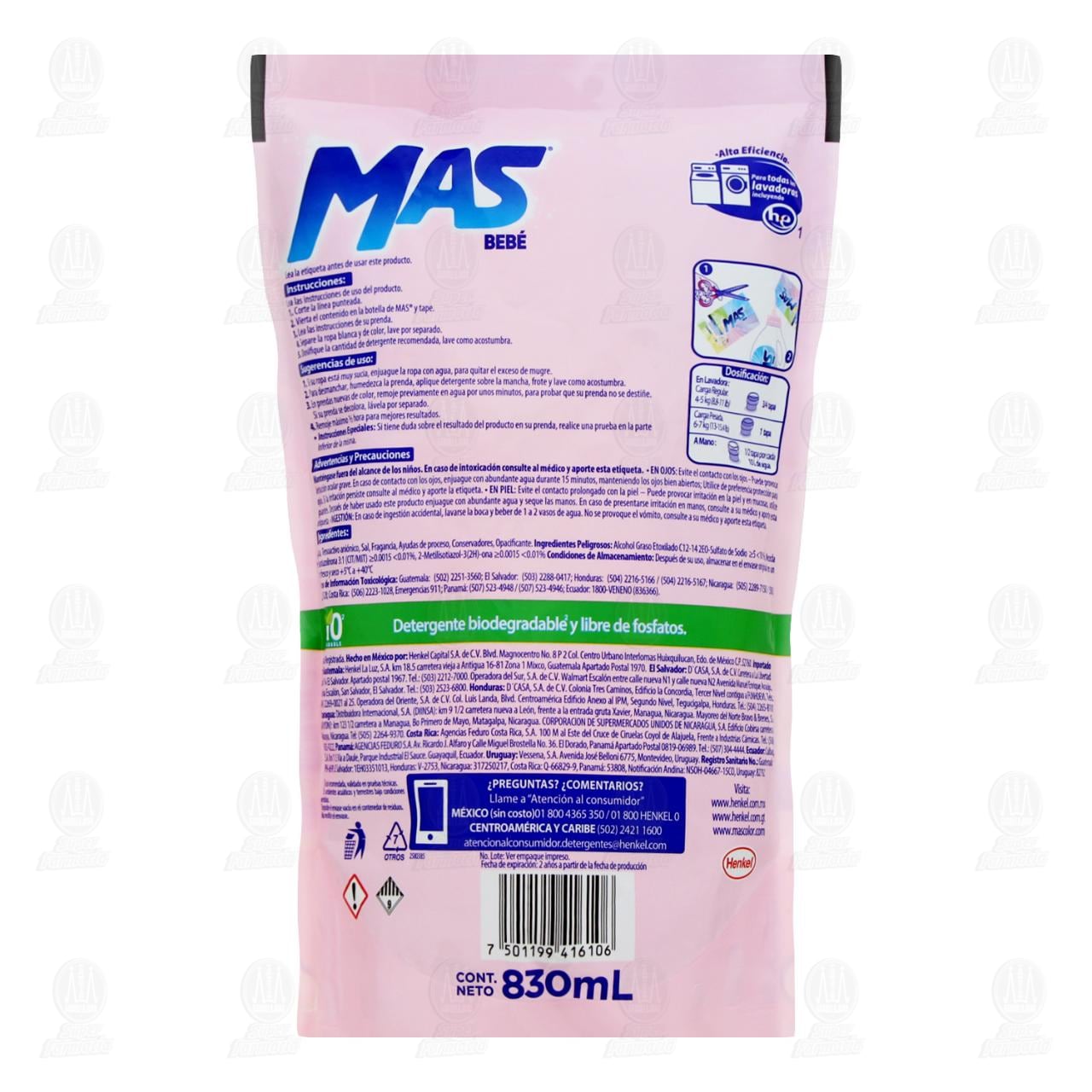 Detergente L&iacute;quido MAS Color Beb&eacute; Piel Sensible, 830 ml. image number 1