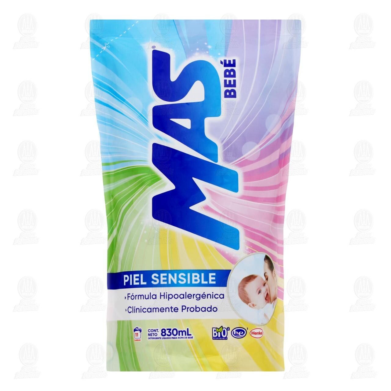 Detergente L&iacute;quido MAS Color Beb&eacute; Piel Sensible, 830 ml.