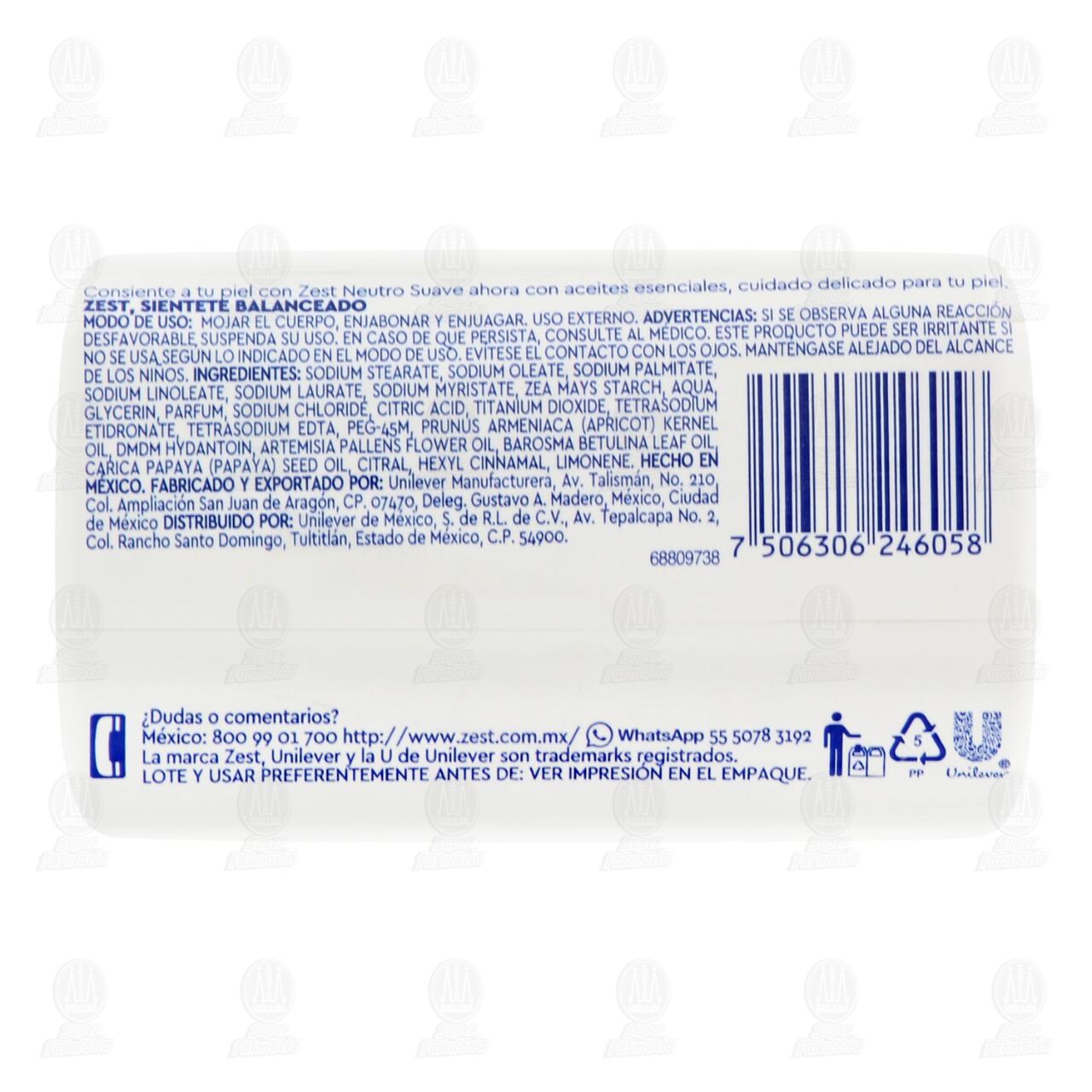 Jab&oacute;n de Tocador Zest Neutro Suave, 135 gr. image number 1