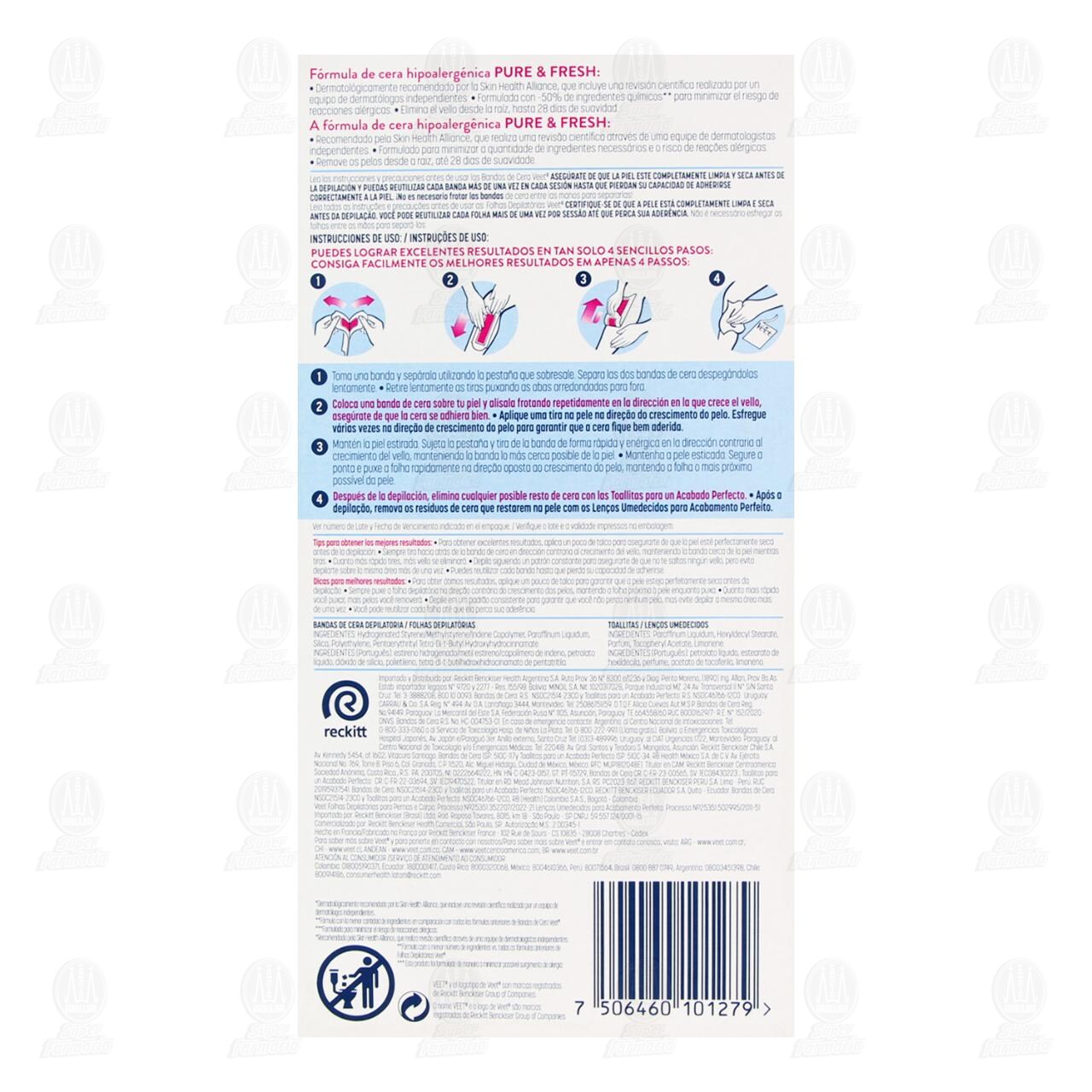 Bandas de Cera Depilatoria Veet Pure & Fresh, 12 pzas + 2 Toallitas. image number 2