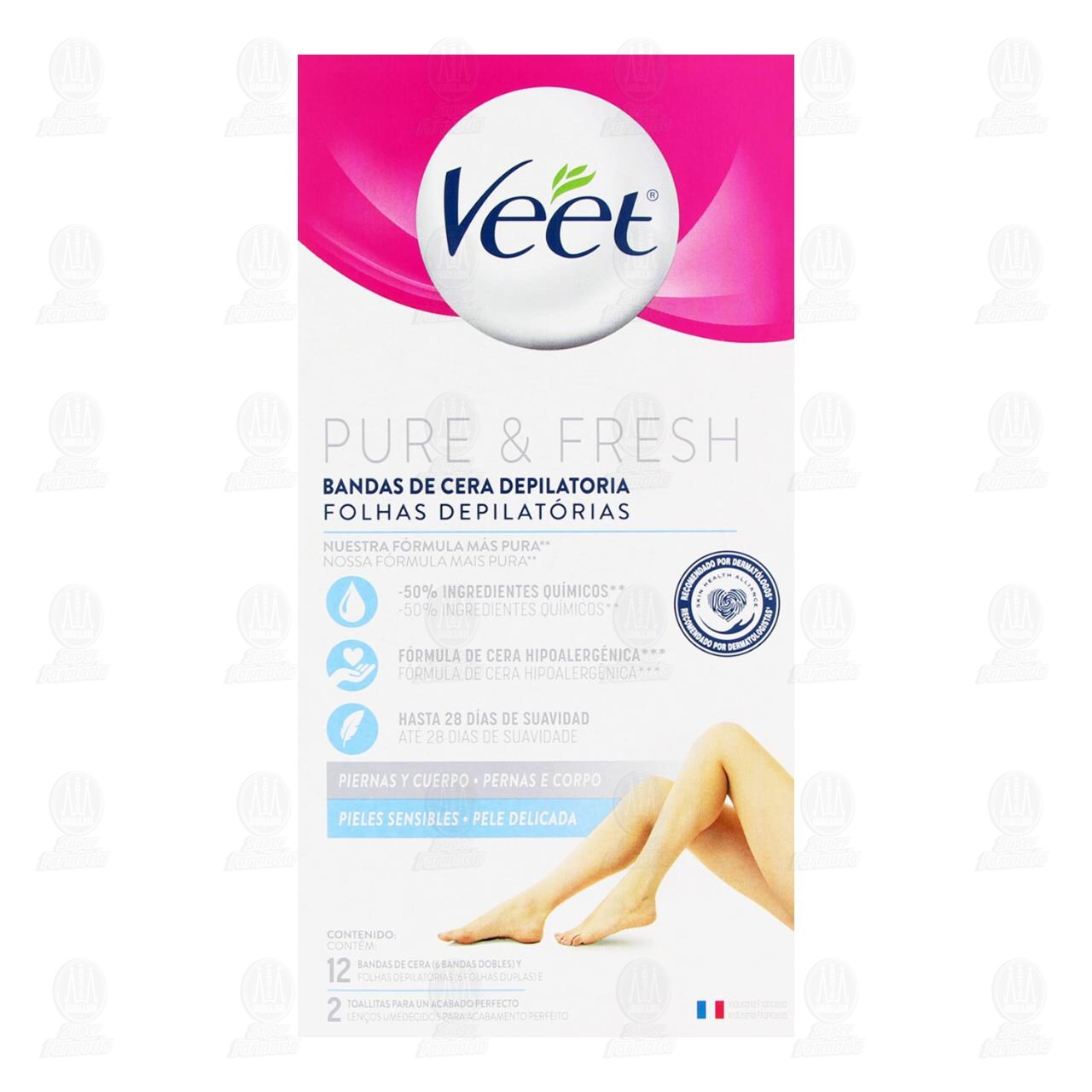 Bandas de Cera Depilatoria Veet Pure & Fresh, 12 pzas + 2 Toallitas. image number 1