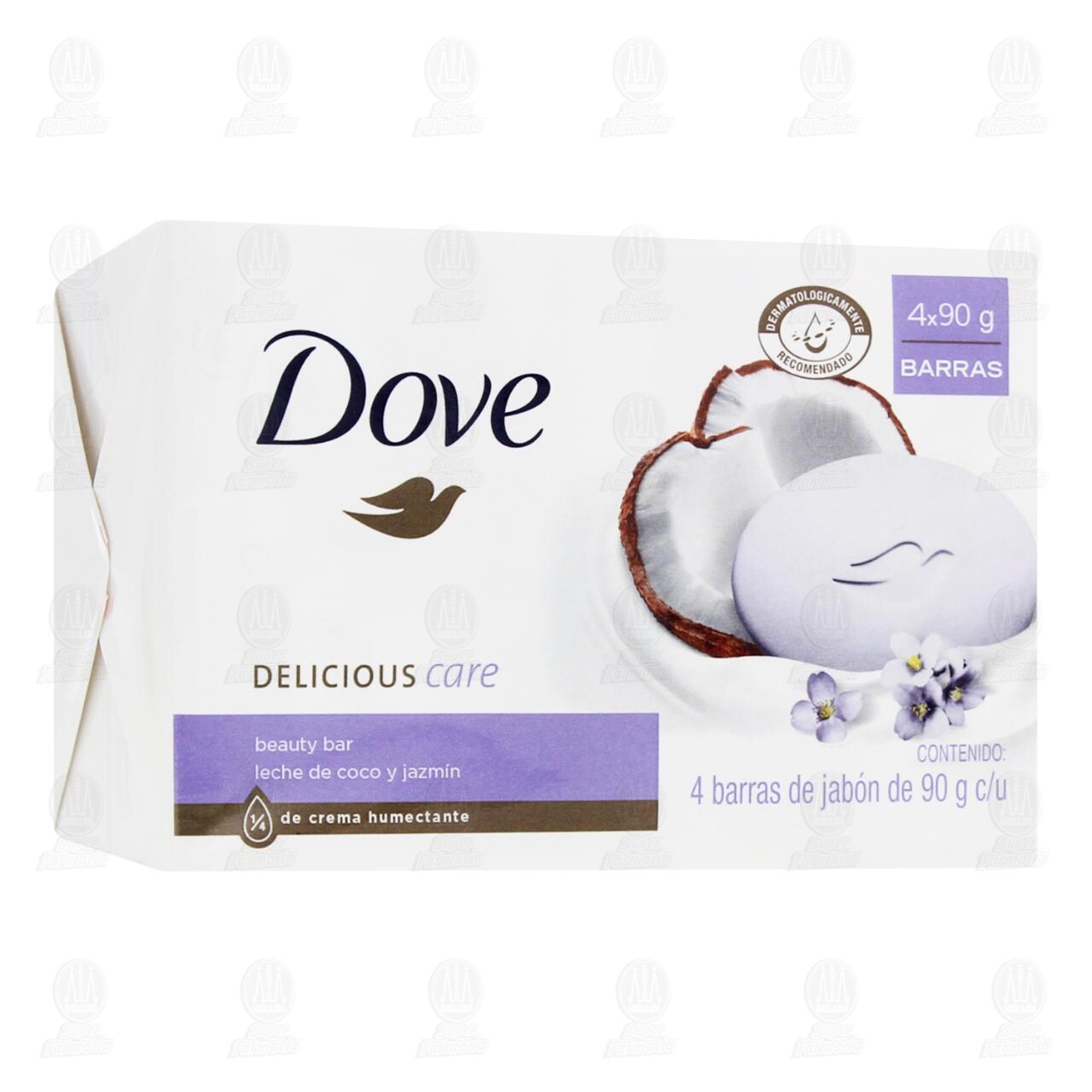Jab&oacute;n de Tocador Dove Delicious Care Leche de Coco y Jazm&iacute;n, 4 Barras de 90 gr c/u.