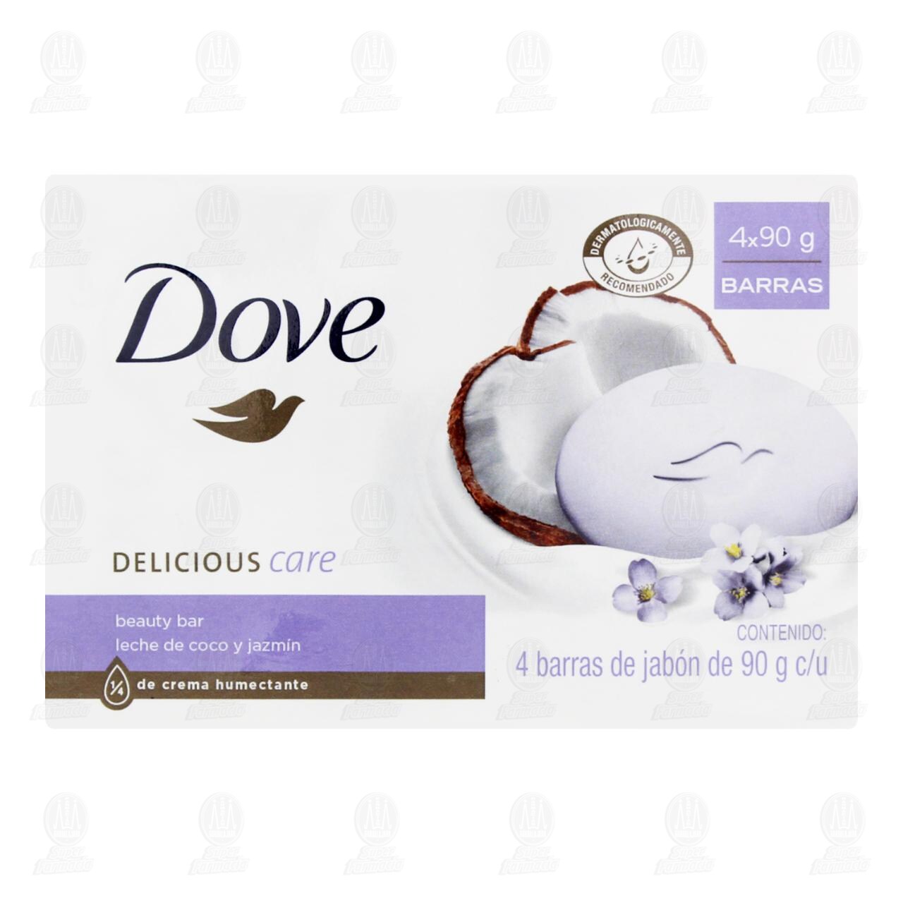 Jab&oacute;n de Tocador Dove Delicious Care Leche de Coco y Jazm&iacute;n, 4 Barras de 90 gr c/u. image number 1