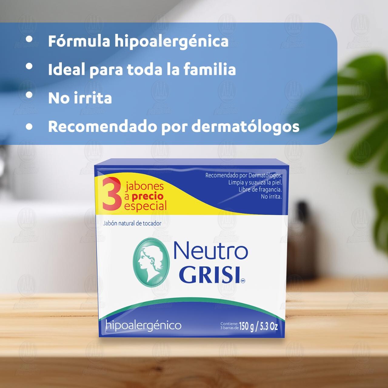 Pack Jab&oacute;n Neutro Grisi Hipoalerg&eacute;nico, 3 pzas. de 150 gr. c/u. image number 3