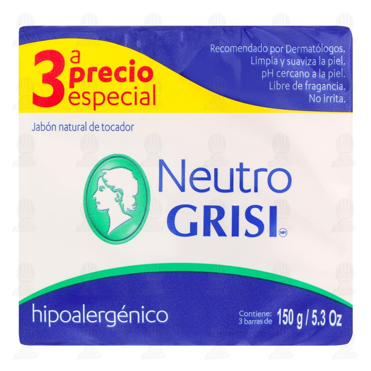 Pack Jab&oacute;n Neutro Grisi Hipoalerg&eacute;nico, 3 pzas. de 150 gr. c/u. image number 1