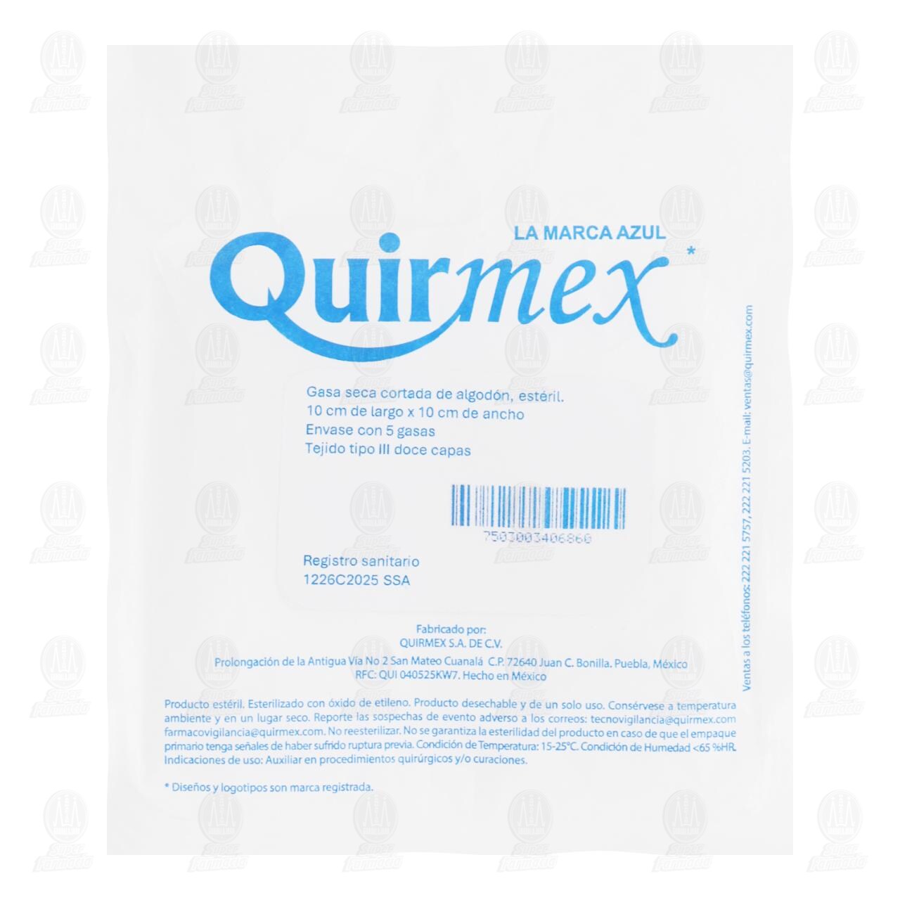 Gasa Seca Quirmex Est&eacute;ril, 10cm x 10cm, 5 pzas.