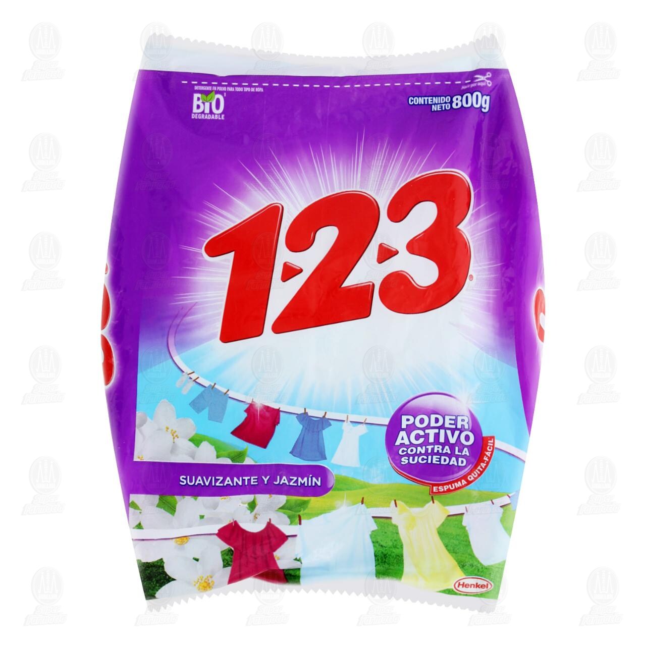 Detergente en Polvo 1-2-3 Poder Activo Suavizante y Jazmín, 800 gr.