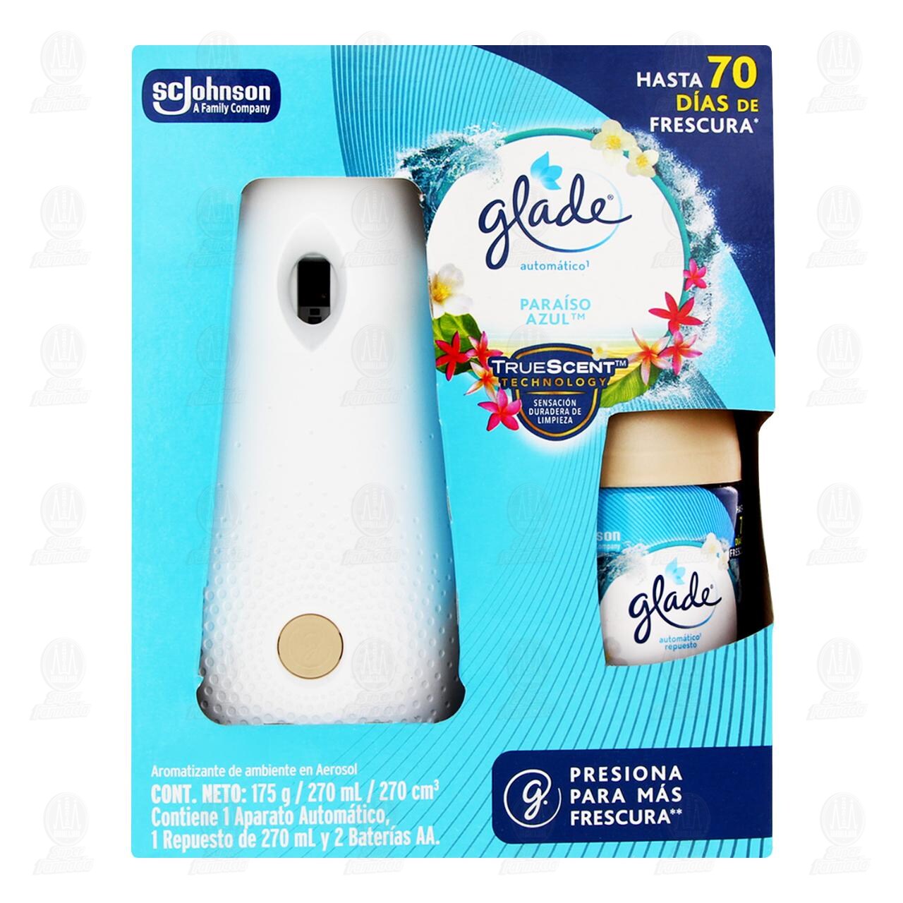 Pack Glade Autom&aacute;tico Para&iacute;so Azul + Repuesto de 270 ml + 2 Bater&iacute;as AA, 3 pzas. image number 1
