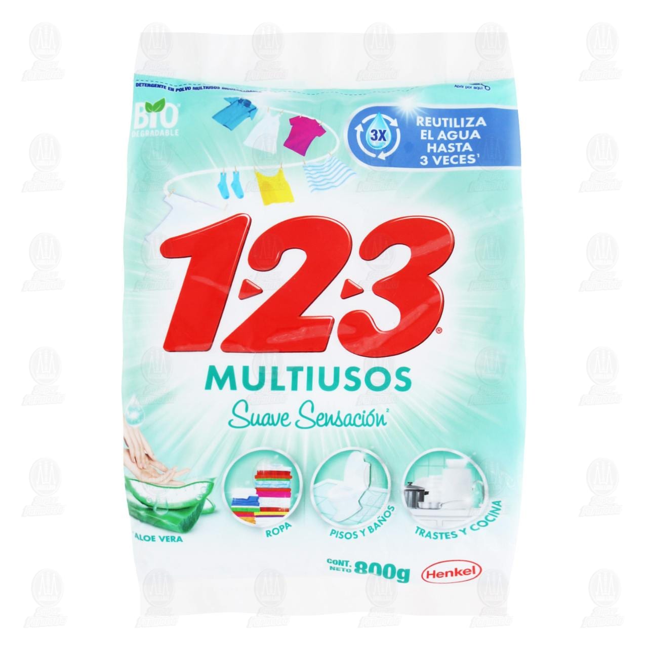 Detergente en Polvo 1-2-3 Multiusos Suave Sensación, 800 gr.