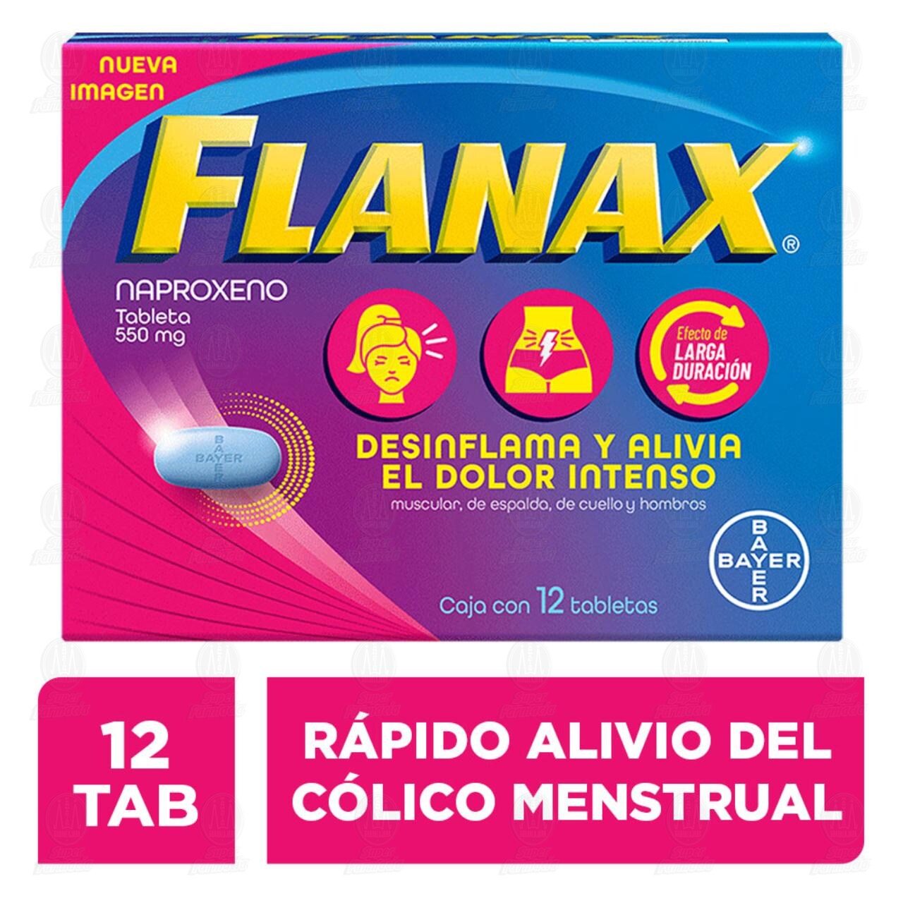 Flanax 550 mg, C&oacute;lico Menstrual, 12 tabletas. image number 3