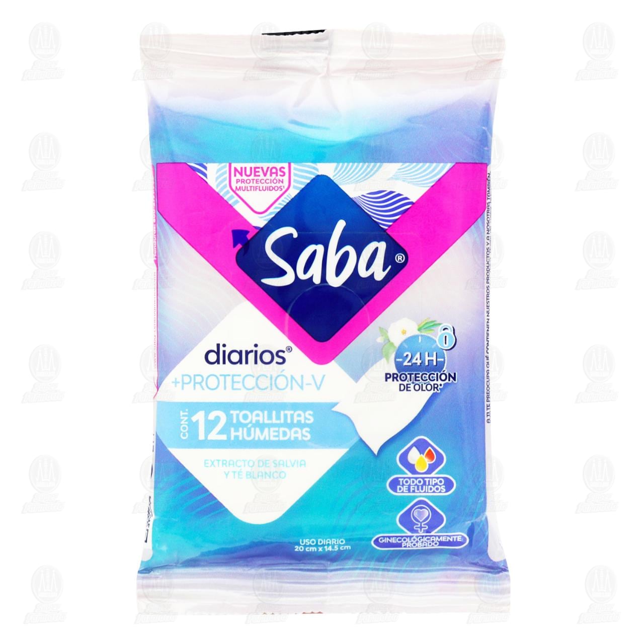 Imagen para Toallitas Húmedas Saba Diarios +Protección-V Extracto de Salvia y Té Blanco, 12 pzas.