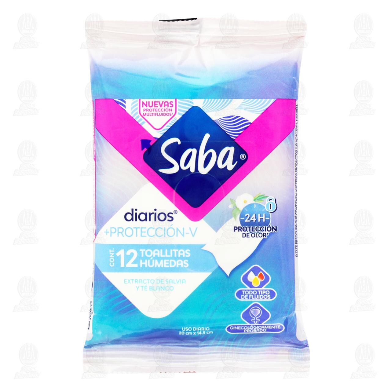 Toallitas Húmedas Saba Diarios +Protección-V Extracto de Salvia y Té Blanco, 12 pzas.