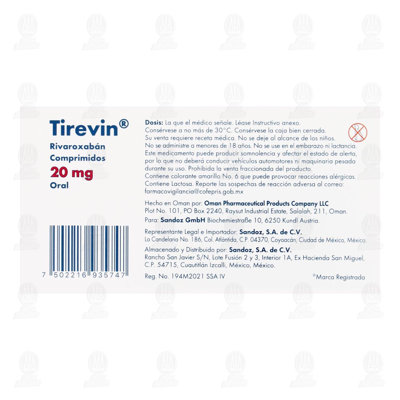 Tirevin 20 mg, 28 Comprimidos. image number 2