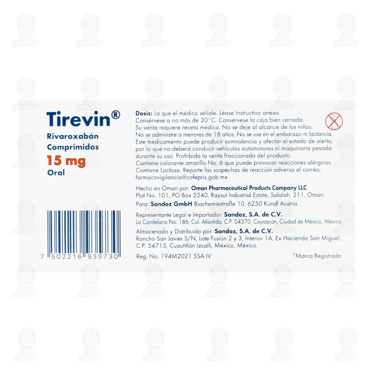 Tirevin 15 mg, 28 Comprimidos. image number 2