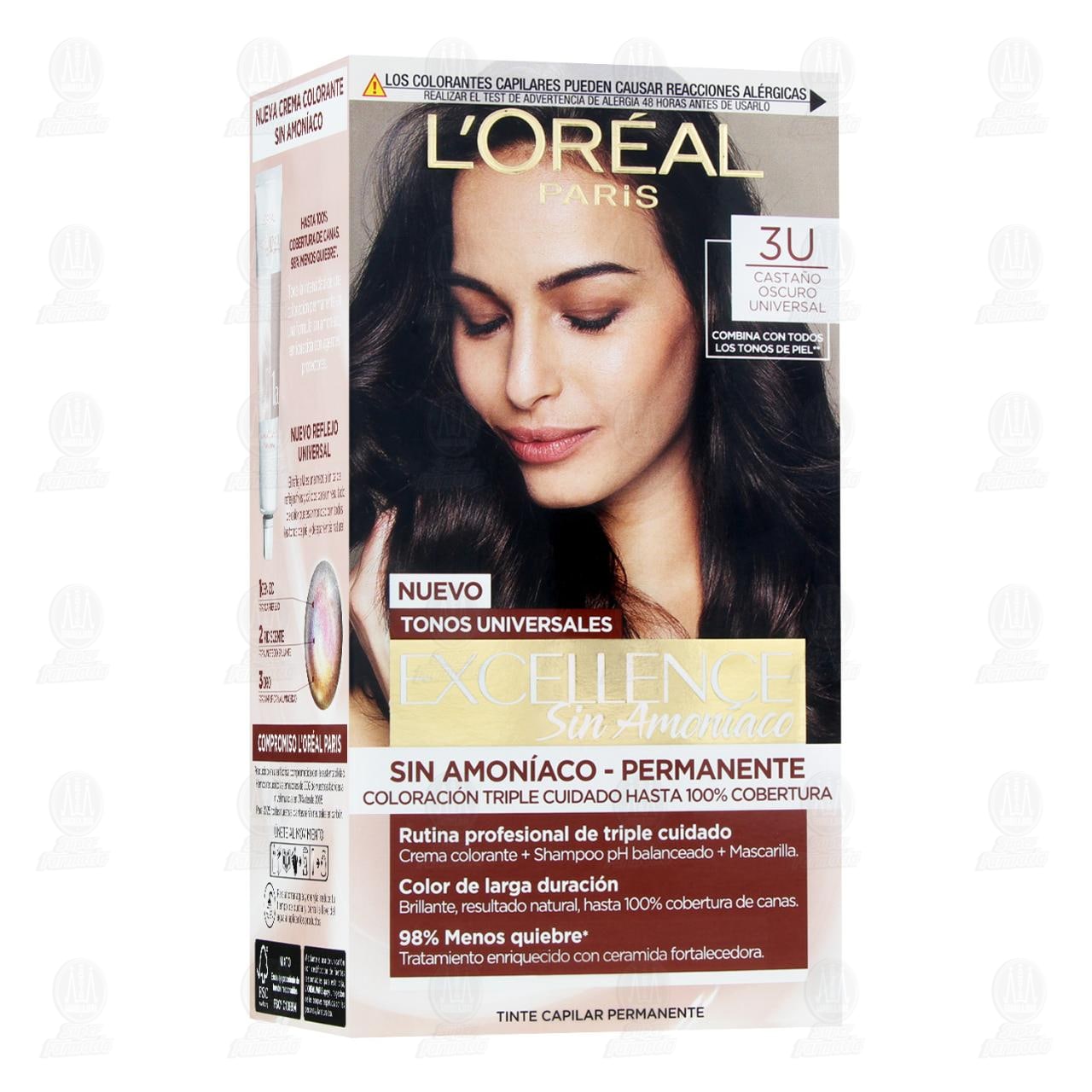 Tinte L'or&eacute;al Excellence Sin Amon&iacute;aco Coloraci&oacute;n Triple Cuidado Color Casta&ntilde;o Oscuro Universal (3U), 1 pz.