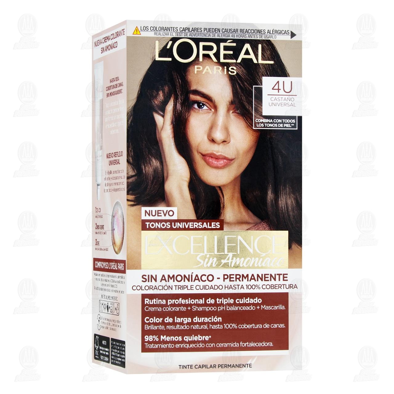 Tinte L'or&eacute;al Excellence Sin Amon&iacute;aco Coloraci&oacute;n Triple Cuidado Color Casta&ntilde;o Universal (4U), 1 pz.