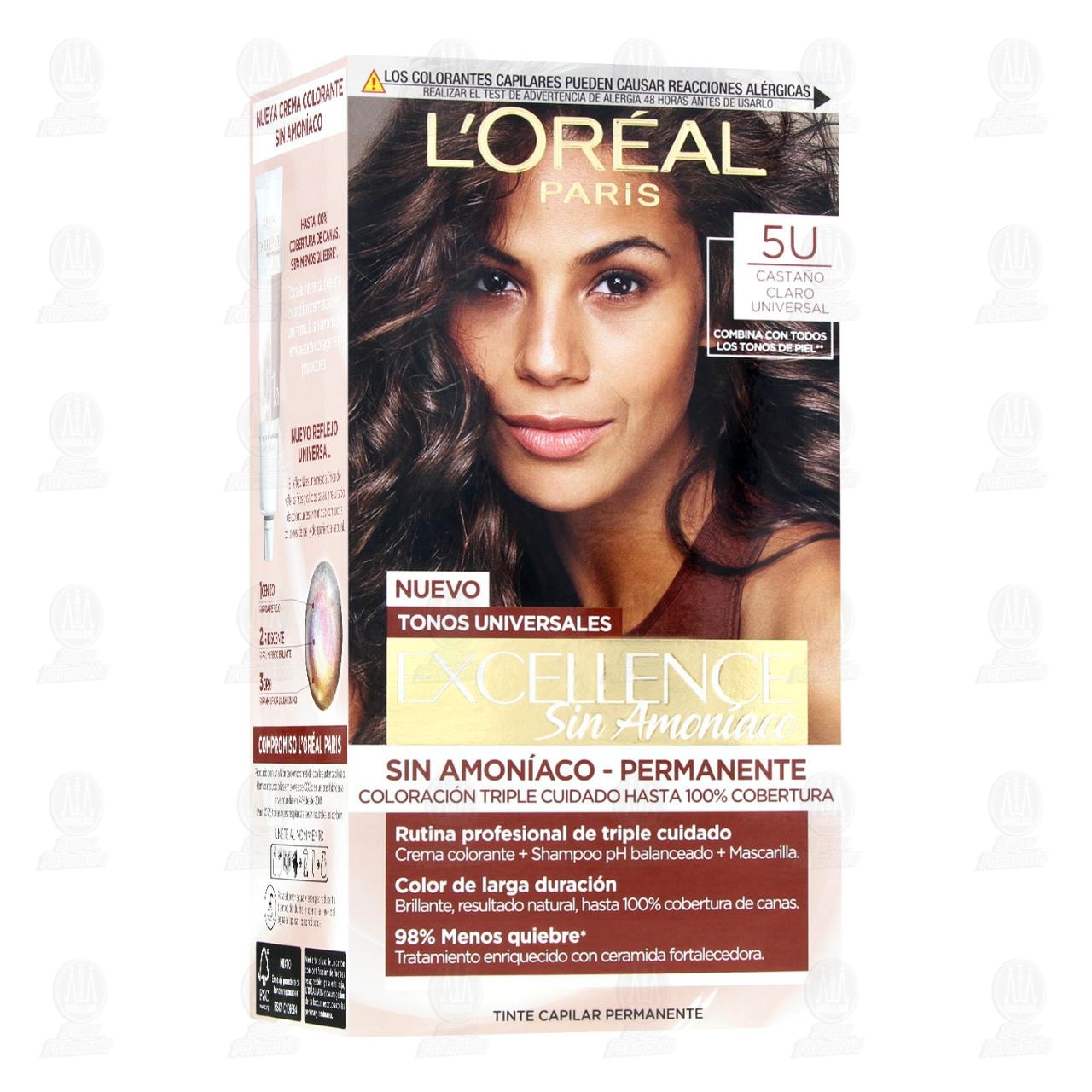 Tinte L'or&eacute;al Excellence Sin Amon&iacute;aco Coloraci&oacute;n Triple Cuidado Color Casta&ntilde;o Claro Universal (5U), 1 pz.