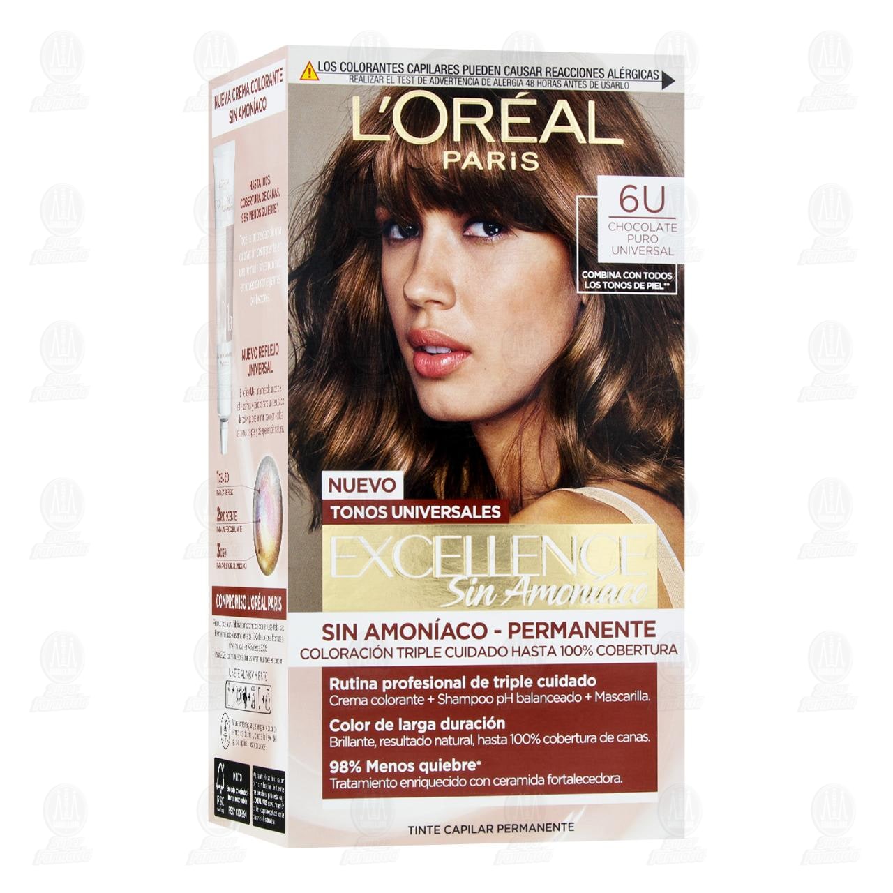 Tinte L'or&eacute;al Excellence Sin Amon&iacute;aco Coloraci&oacute;n Triple Cuidado Color Chocolate Puro Universal (6U), 1 pz.