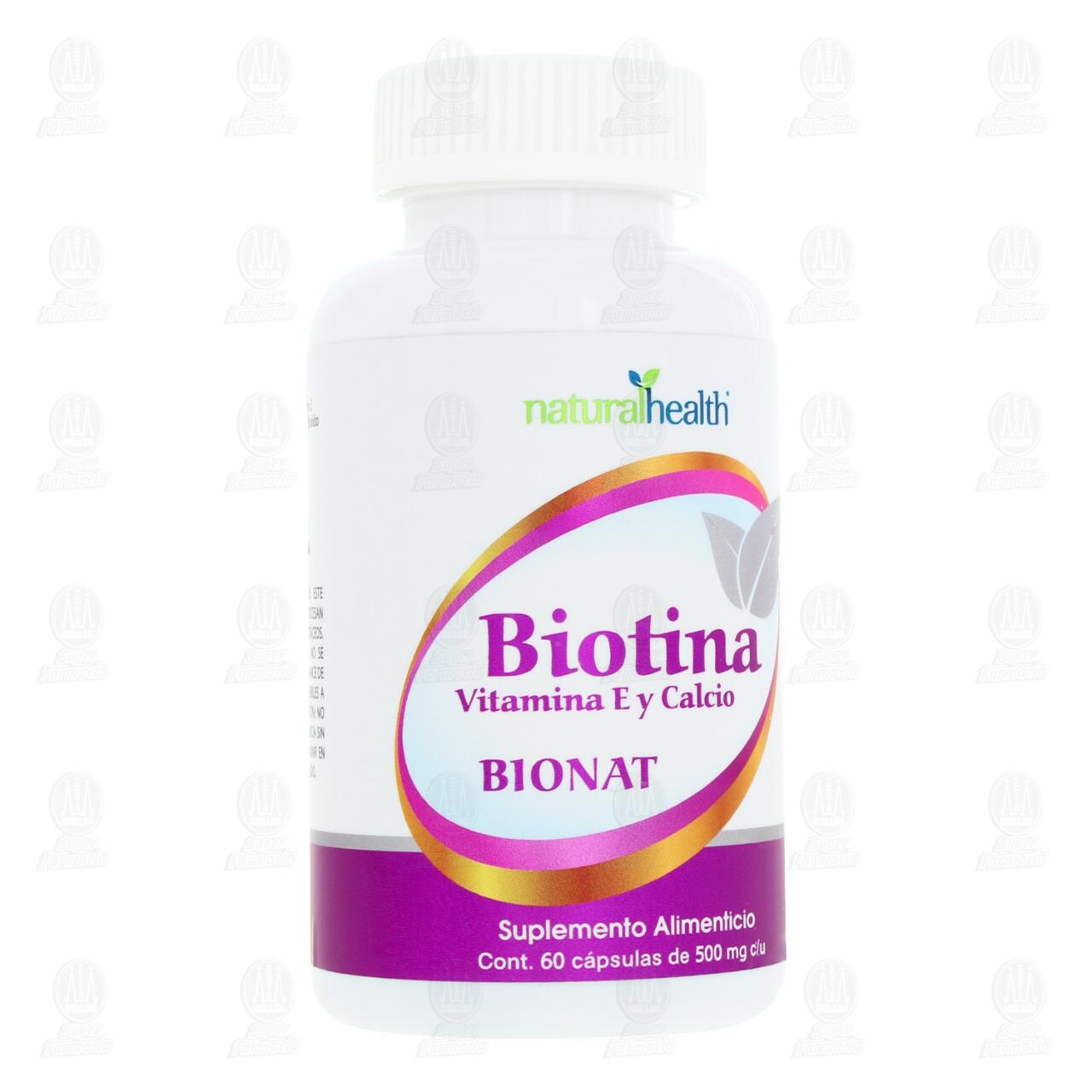 Biotina, Vitamina E y Calcio Bionat 500 mg, 60 C&aacute;psulas.