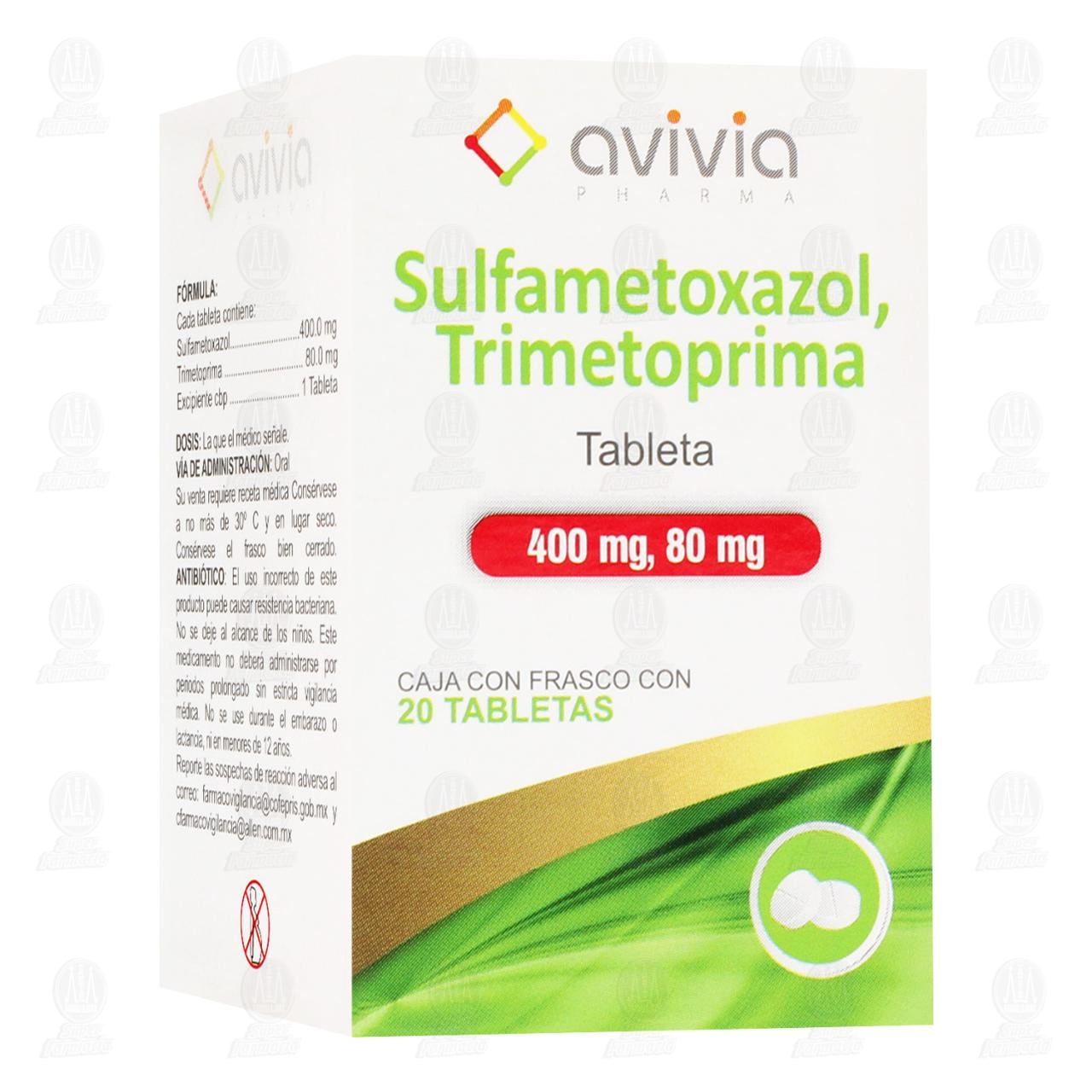 Sulfametoxazol, Trimetoprima 400mg/80mg, 20 Tabletas.
