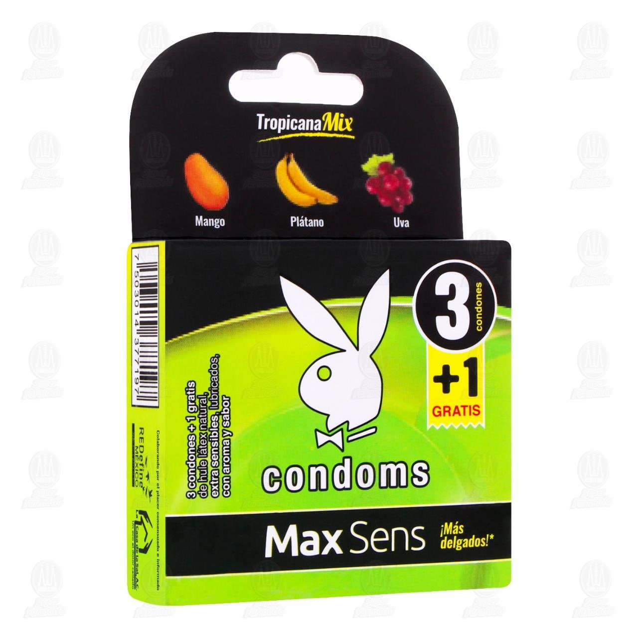 Imagen para Max Sens Condones Tropicana Mix, 3 pzas + 1 gratis.