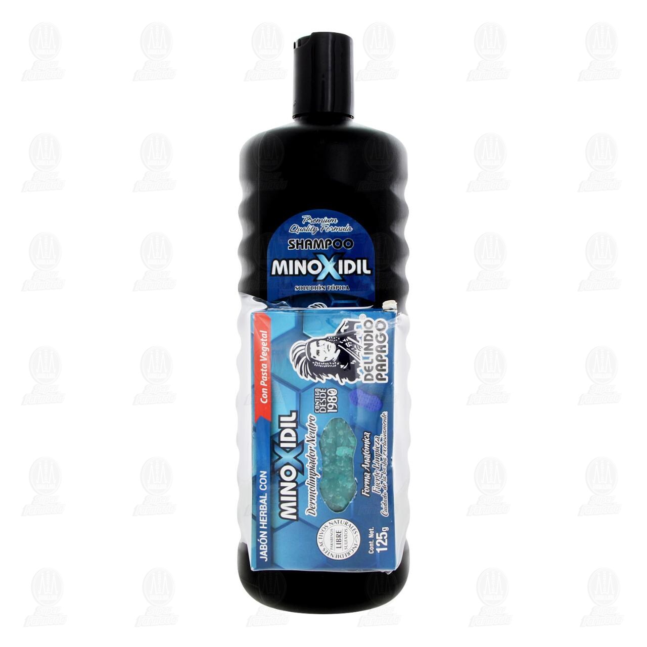 Pack Shampoo Minoxidil Del Indio Papago m&aacute;s Jab&oacute;n Herbal con Minoxidil Dermolimpiador Neutro, 2 pzas. image number 1