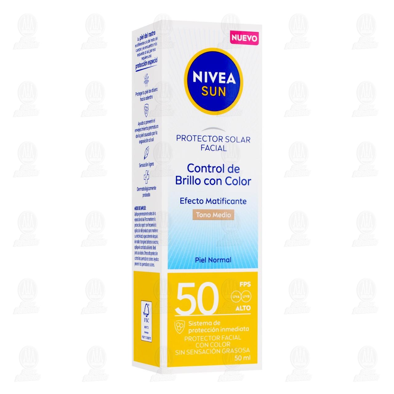 Protector Solar Facial Nivea Sun FPS 50 Control de Brillo con Color Tono Medio para Piel Normal, 50 ml.