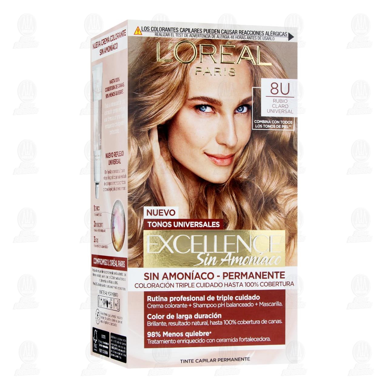 Tinte L'or&eacute;al Excellence Sin Amon&iacute;aco Coloraci&oacute;n Triple Cuidado Color Rubio Claro Universal (8U), 1 pz. image number 0