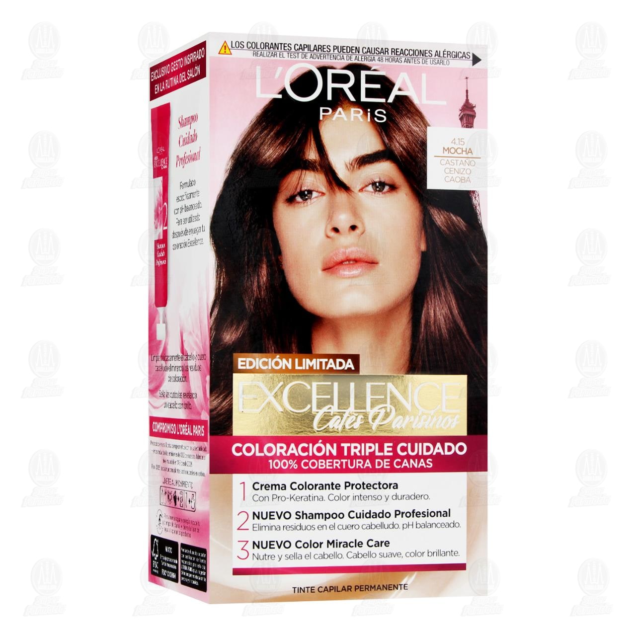 Imagen para Tinte L'oréal Excellence Cafés Parisinos Coloración Triple Cuidado Color Castaño Cenizo Caoba (4.15 Mocha), 1 pz.