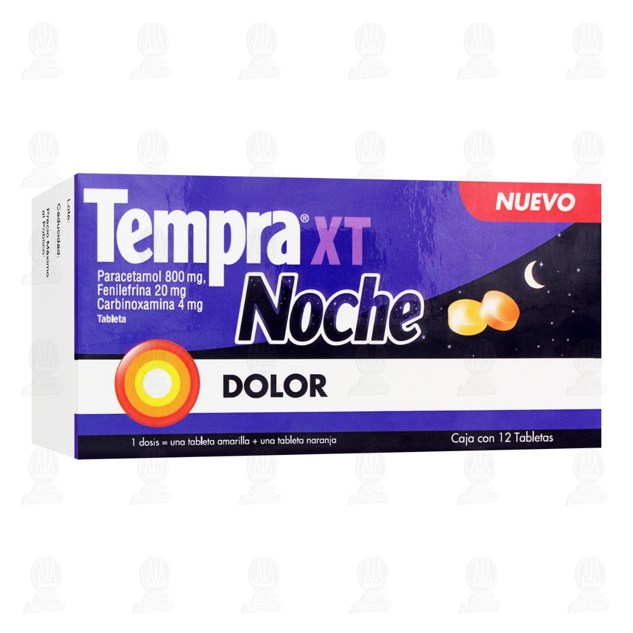 Tempra XT Noche 800mg/20mg/4 mg, 12 Tabletas.