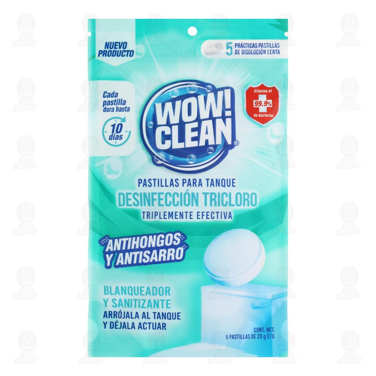 Pastilla Desinfectante Wow! Clean Desinfección Tricloro, 5 Pastillas de 20 gr c/u.