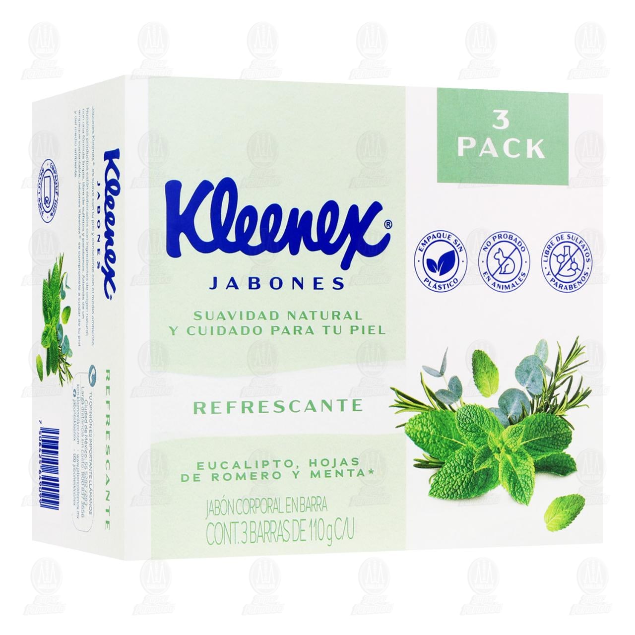 Imagen para Pack Jabón Kleenex Refrescante Eucalipto Hojas de Romero y Menta, 3 Barras de 110 gr c/u.