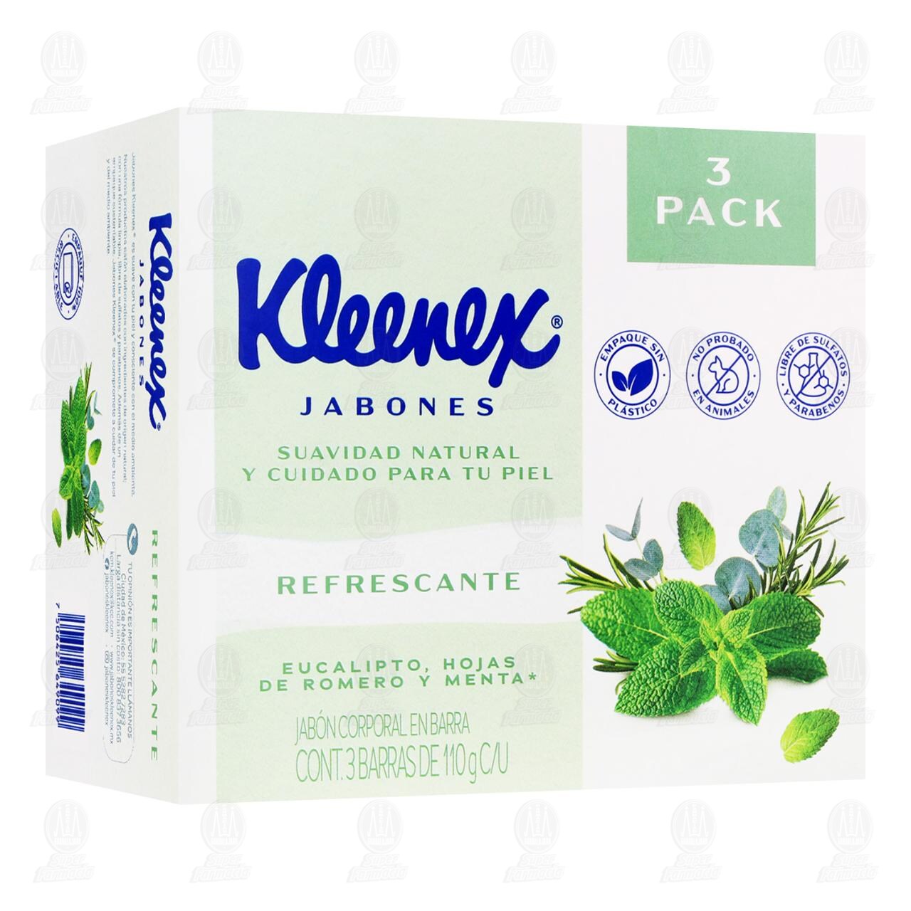 Pack Jab&oacute;n Kleenex Refrescante Eucalipto, Hojas de Romero y Menta. 3 Barras de 110 gr c/u.
